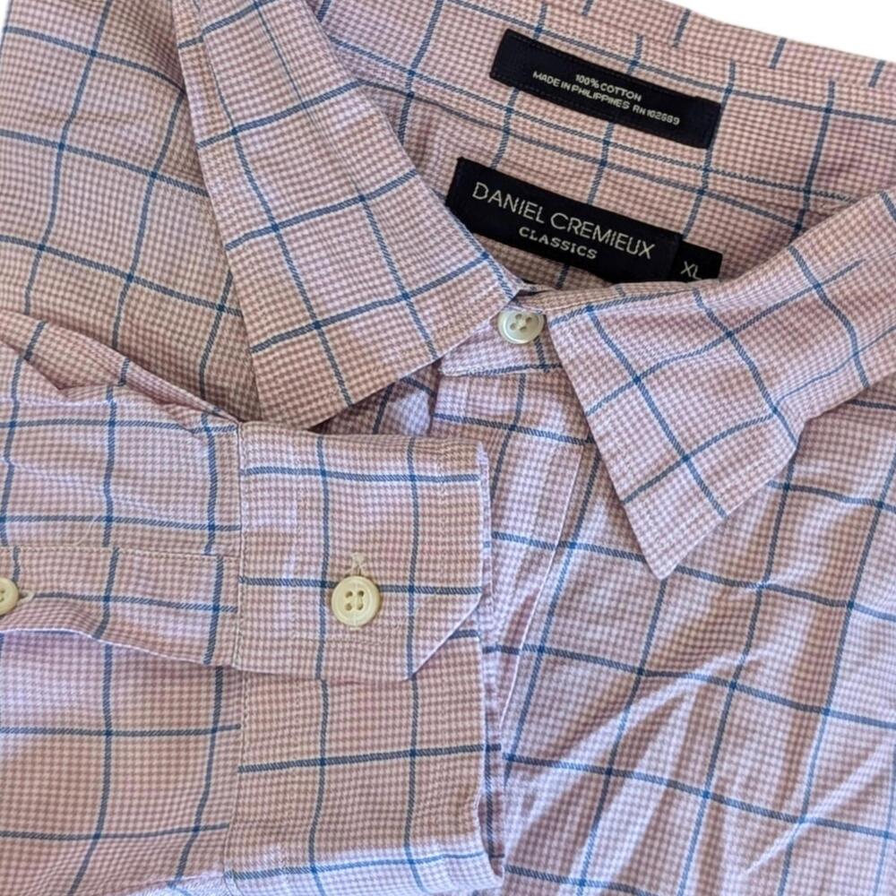 Daniel Cremieux Shirt Mens XL Pink Blue Windowpane Dress Button Down Long Sleeve